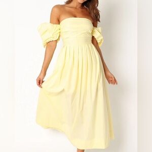 Petal & Pup Solana Off Shoulder Midi Dress Yellow Puff Sleeve NWT